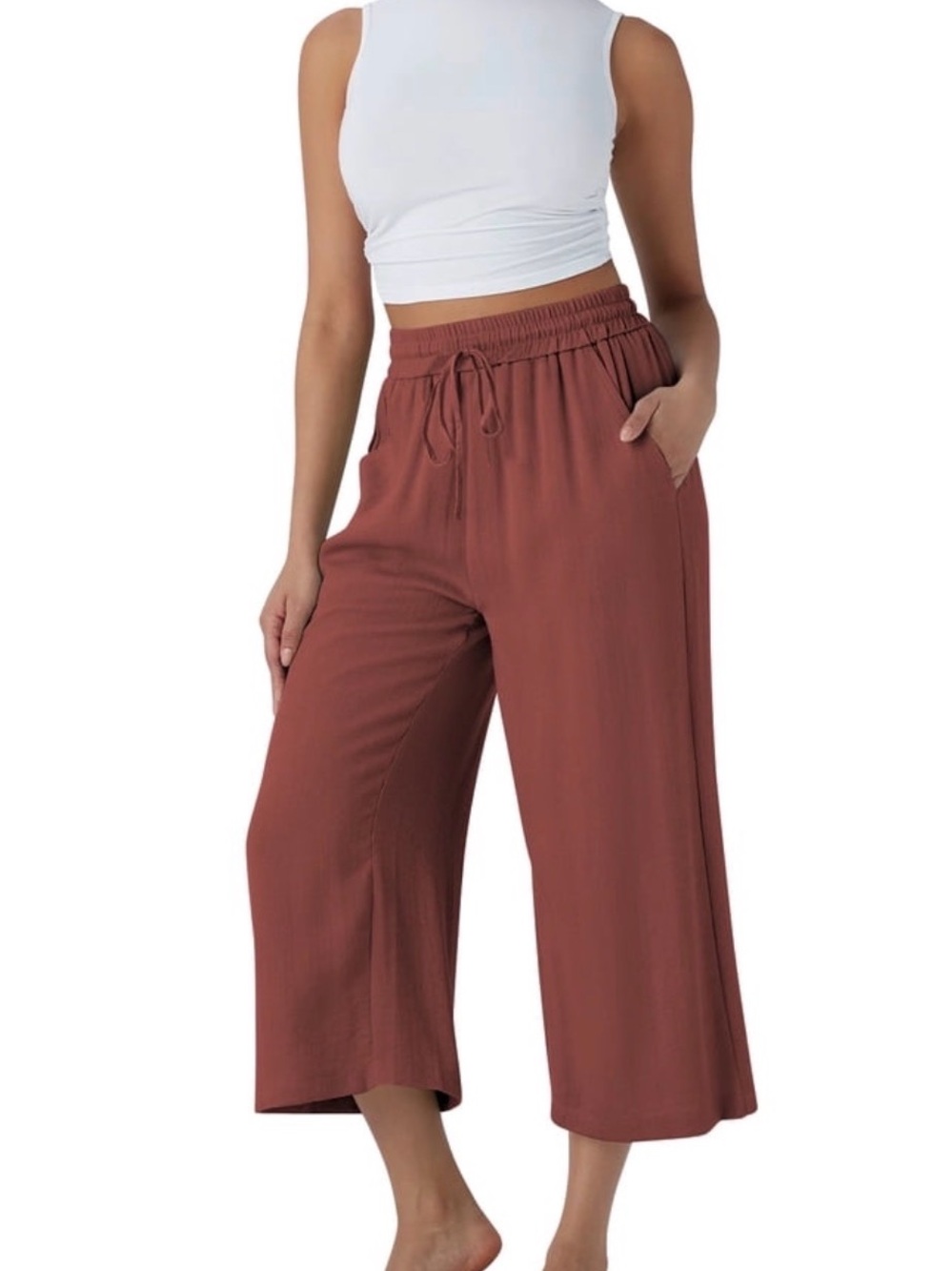 Wide Leg Crop Pants - Rust